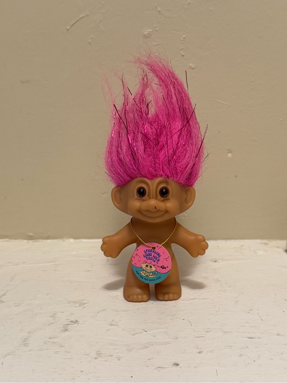 Vintage 1990s Russ "Sparkling Good Luck" Pink Hair Troll Doll